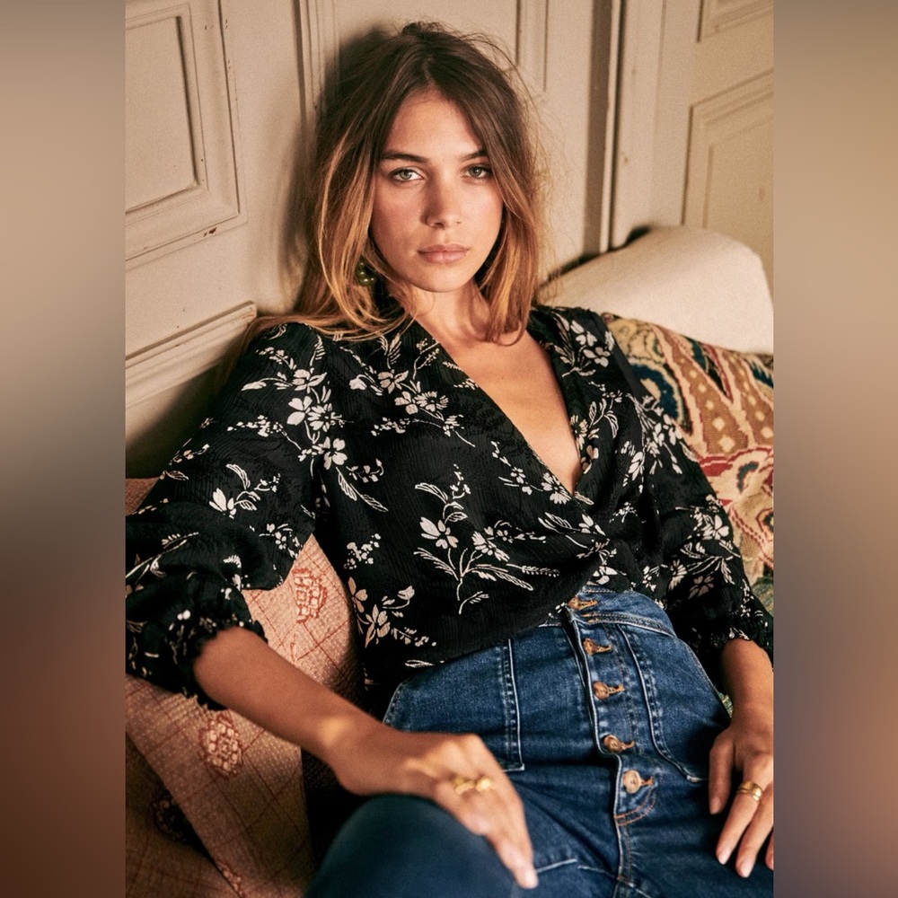 Sezane Abelia Black and White Puff Sleeve Wrap Blouse